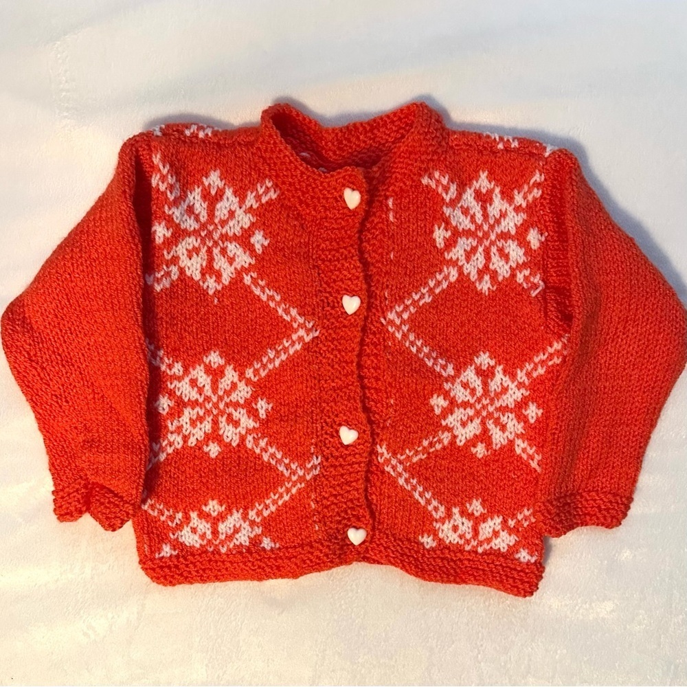 Vtg Handmade Knit Bright Orange Snowflake Cardigan Sweater Girl 2T Heart Buttons